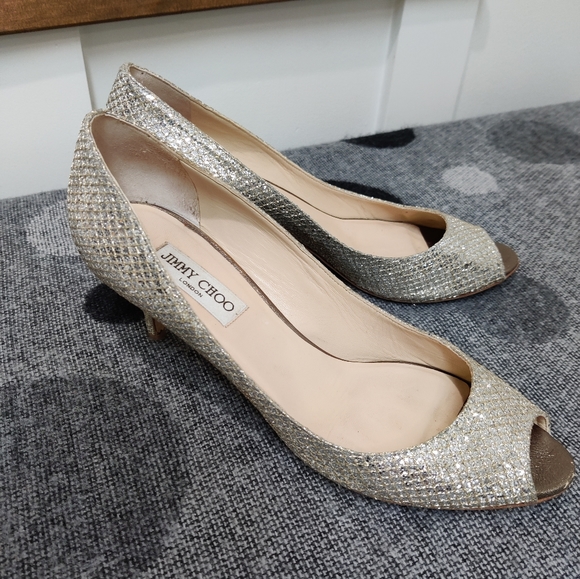 Jimmy Choo Peep Toe Metallic Heels - 41 - Picture 2 of 15